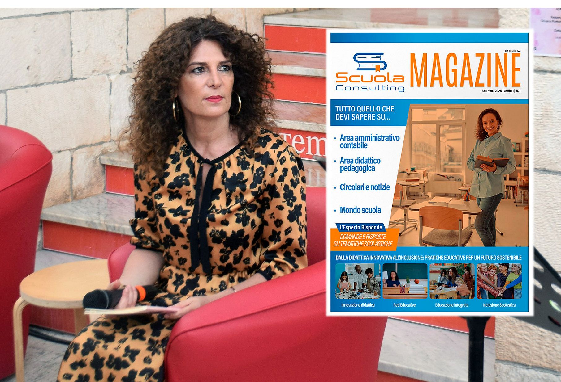 Agata Scarafilo e, nel riquadro, la prima pagina del periodico Magazine