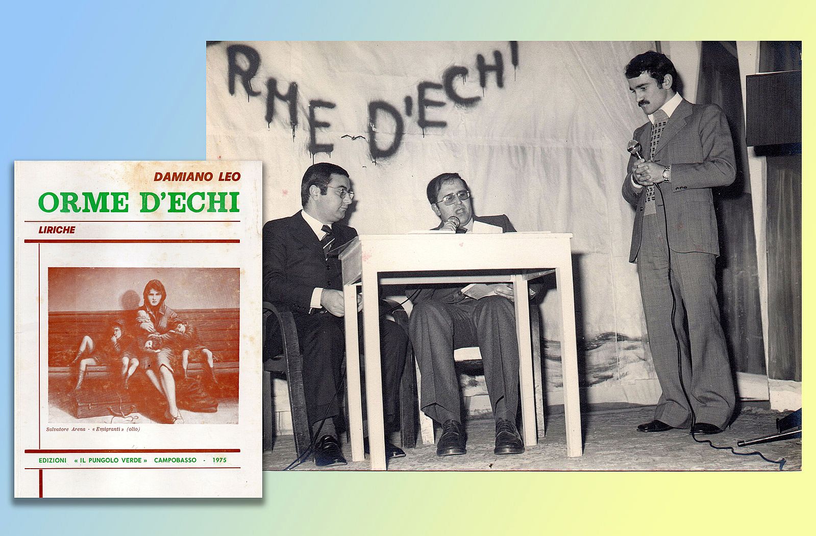 La presentazione di "Orme d'Echi" nel salone parrocchiale di San Rocco, con (da sinistra): Gaetano Scatigna Minghetti, Michele Laveneziana e Damiano Leo. Era il 23 dicembre 1975